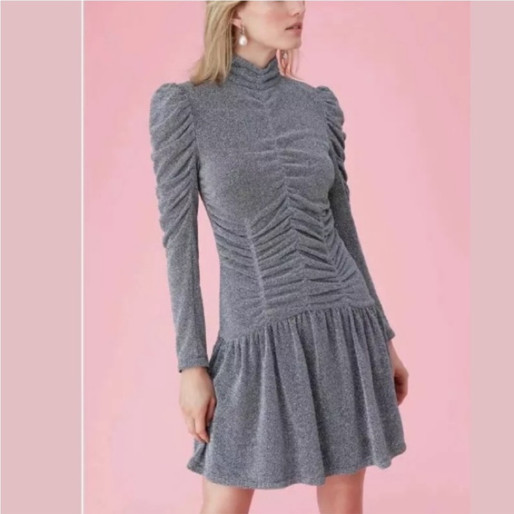 Rebecca Taylor Silver Ruched Jersey Lurex Dress‎ Sz M